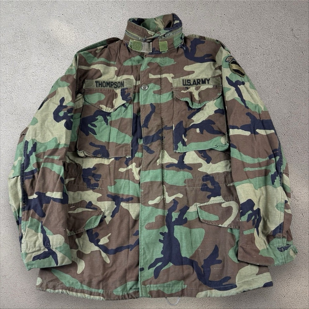 VTG 80's‎ Woodland Camo Cold Weather Field Coat Small Reg M-65 Jacket Named Army